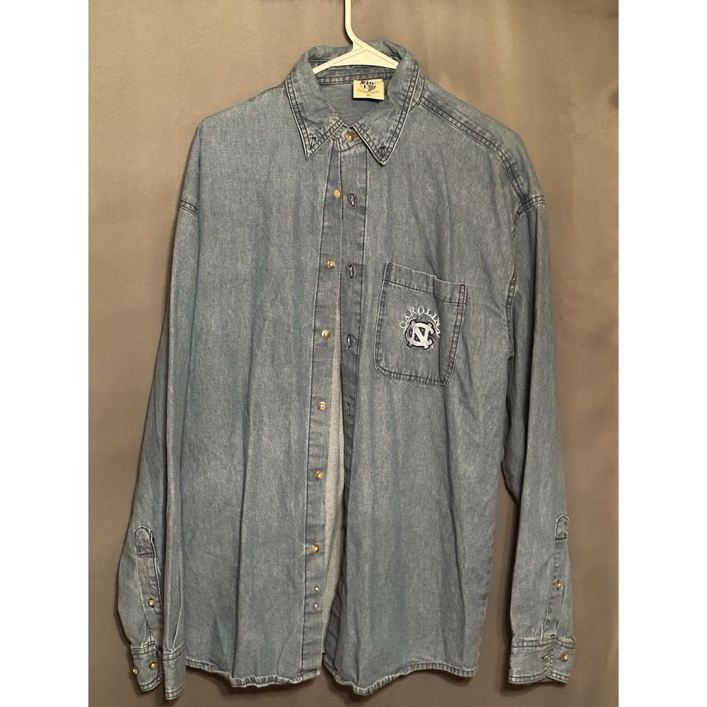 Joe College UNC Tar Heels Denim Shirt Mens XL Blue Long Sleeve Button Down VTG